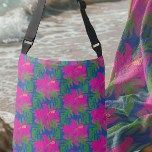 Bolso Cruzado Sueños de Selva Hibisco Verde Azul Rosa Caliente