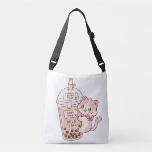 Bolso Cruzado Té de Leche con Burbujas y Gato Kawaii Abrazando