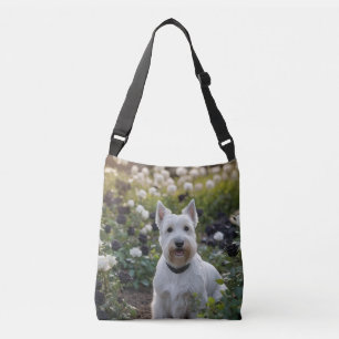 Bolso Cruzado Terrier escocés blanco con Rosas blancos negros,