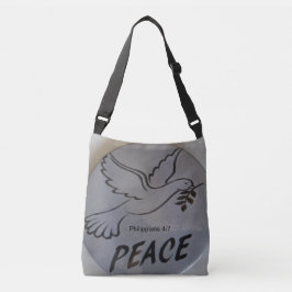 Bolso Cruzado The bag features peace dove and scripture.