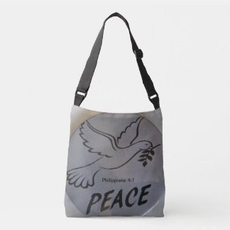 Bolso Cruzado The bag features peace dove and scripture.