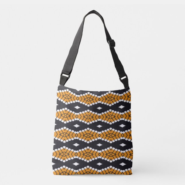 Bolso Cruzado Tile Grid Tote  (Bold shoulder bag with tribal-inspired orange, black, and white geometric pattern—style that speaks.)