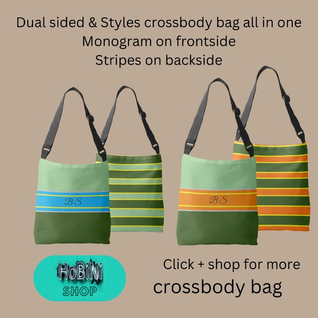 Bolso Cruzado tonos de menta verde salvia de doble estilo rayas  (Dual sided &styles crossbody bag all in one
Monogram on frontside
Stripes on backside)