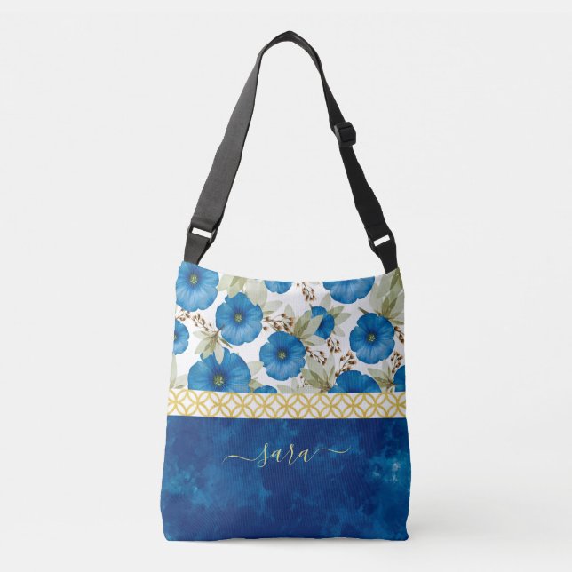 Bolso Cruzado Tote de flores azules y doradas (Anverso)