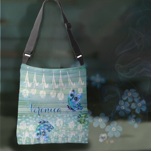 Bolso Cruzado Tote de mariposas tulipanes blancos azules (Blue White Tulips Butterflies Tote )