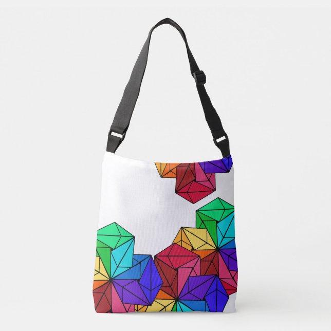 Bolso Cruzado Triángulos de cubo agudo arco iris en 3D sobre bla (Anverso)