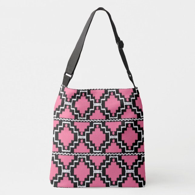 Bolso Cruzado Tribal Ikat Aztec - Fuchsia rosa, negro y blanco (Reverso)