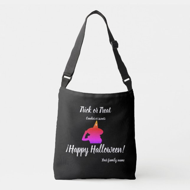 Bolso Cruzado truco o trato, nombre, halloween personalizado, br (Anverso)