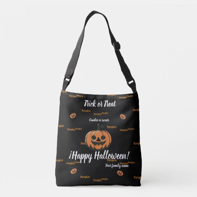 Bolso Cruzado truco o trato, nombre, halloween,Pumpki personaliz (Reverso)