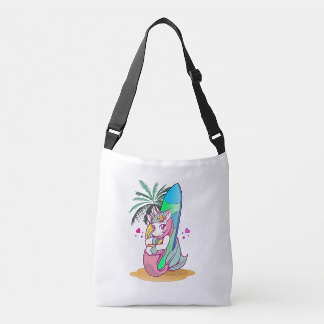 Bolso Cruzado Unicornio con tablas de surf en la playa (Anverso)