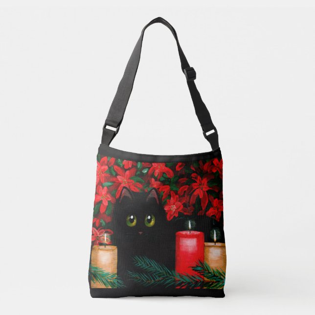 Bolso Cruzado Velas de poinsettias de gato negro para navidades (Anverso)