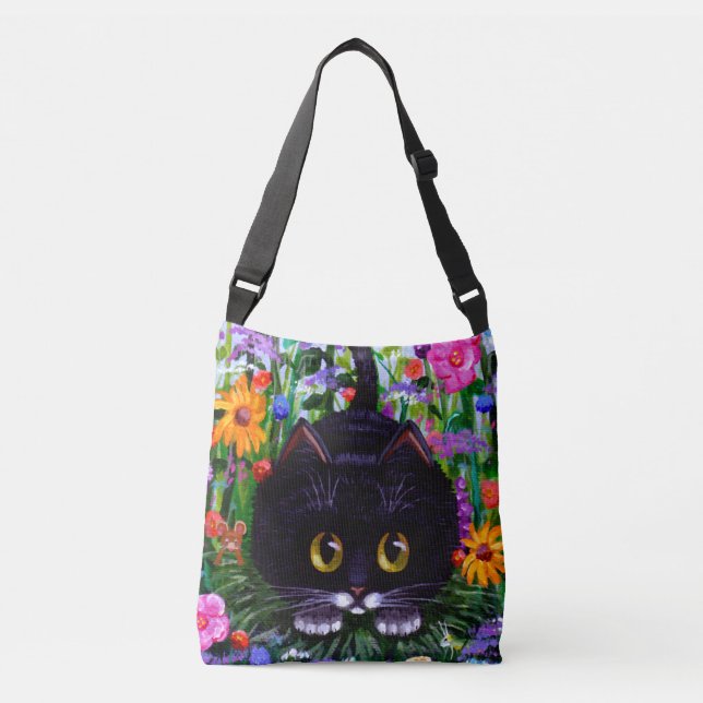 Bolso Cruzado Verano del gato blanco negro y las flores (Anverso)