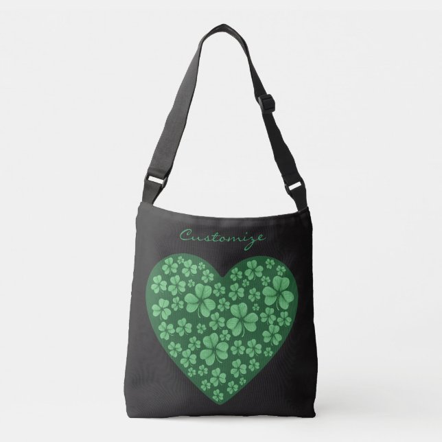 Bolso Cruzado verde corazón de Shamrock negro San Patrick's Day (Anverso)