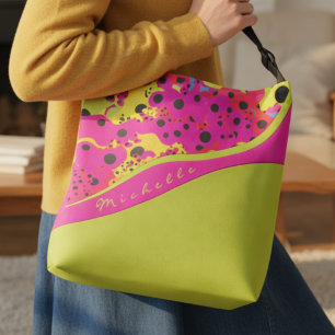 Bolso Cruzado Verde Lima Y Abstracto Con Lunares Rosados