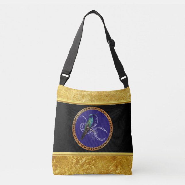 Bolso Cruzado Verde turquesa y azul con colibrí púrpura (Anverso)