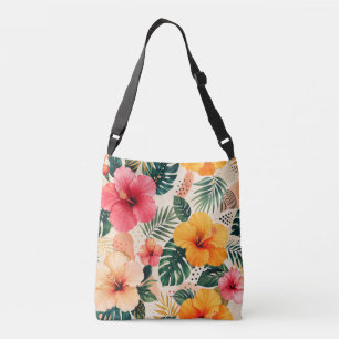 Bolso Cruzado Vibrante Patrón Floral de Hibisco Tropical sin Cos