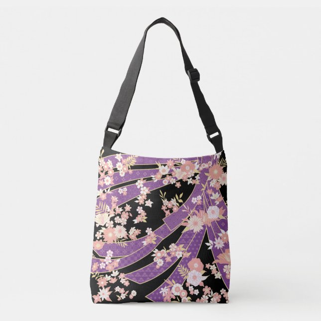 Bolso Cruzado Violeta de patrón de Kimono floral (Anverso)
