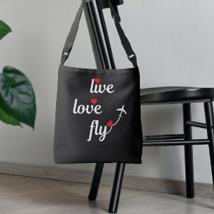 Bolso Cruzado Vive Ama Vuela Texto Corazones y Viaje en Avión