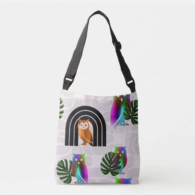 Bolso Cruzado Whimsical Boho Owl & Tropical Monstera Leaf (Anverso)