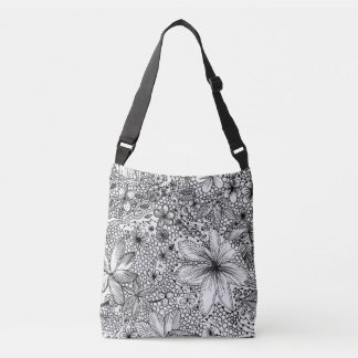 Bolso Cruzado Whimsical Fun Funky Floral Blanco y Negro