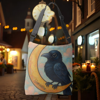 Bolso Cruzado Whimsical Raven Crescent Moon Cute Rustic Folk Art