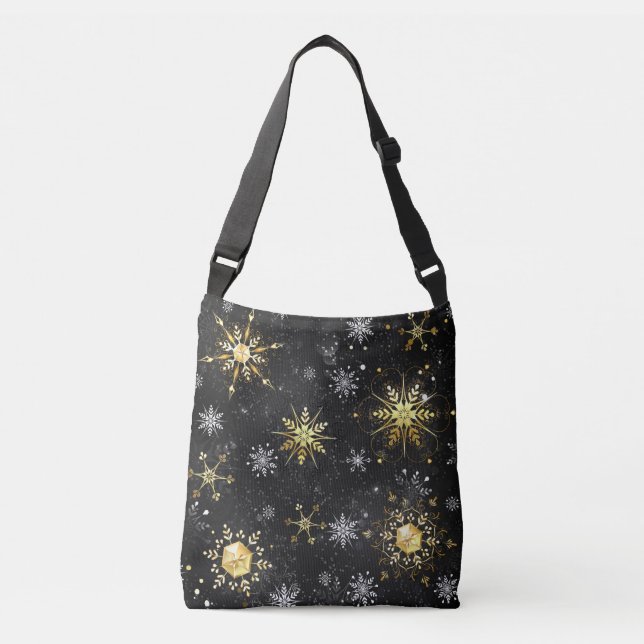 Bolso Cruzado Xmas copos de nieve dorados sobre fondo negro (Anverso)