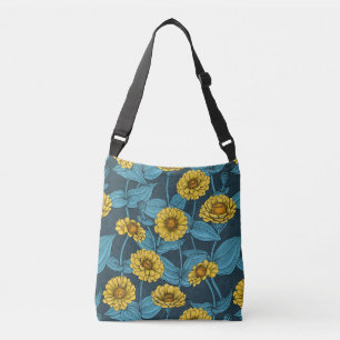 Bolso Cruzado Zinnias amarillas en azul oscuro
