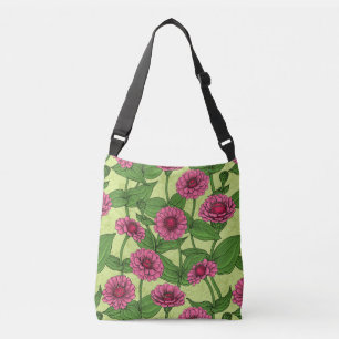 Bolso Cruzado Zinnias rosas sobre verde claro