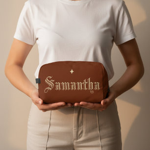 Bolso de aseo de tela de cuadros marrón rojizo per