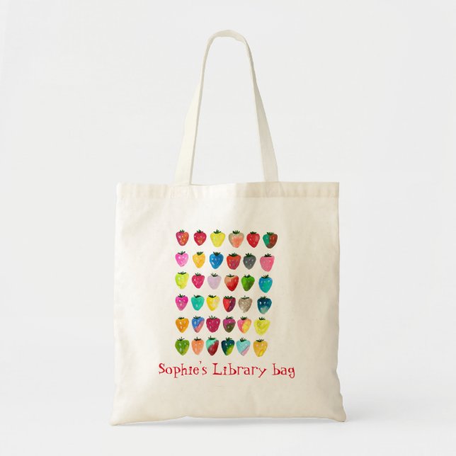 Bolso de biblioteca tierno de fresa nombre de niño (Frente)