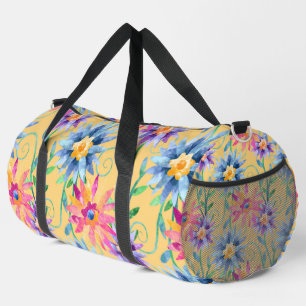 BOLSO DE DEPORTE GRANDE AMARILLO CON FLORES DE AZUL ROJO Y PURPLE