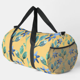 BOLSO DE DEPORTE GRANDE AMARILLO CON FLORES DE COLOR AZUL Y HOJAS