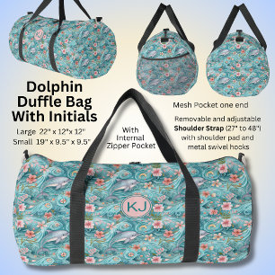 Bolso De Deporte Grande Añadir iniciales, delfines y flores azules de Aqua