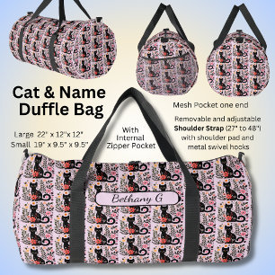 Bolso De Deporte Grande Añadir nombre a gato negro y flores en rosa