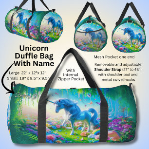 Bolso De Deporte Grande Añadir nombre inicial, Aqua Blue Unicorn en verde