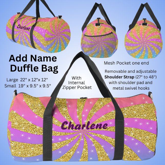 Bolso De Deporte Grande Añadir nombre, Pink Purple Gold Swirl Pop Art Star (Subido por el creador)
