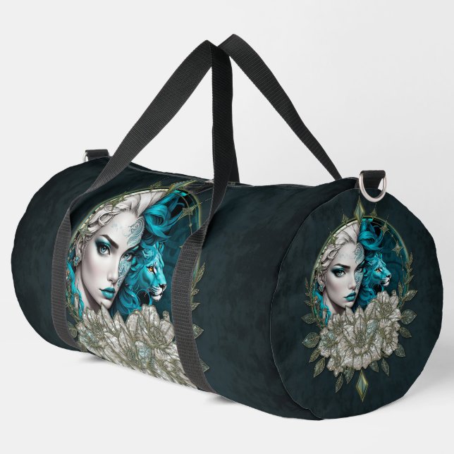 Bolso De Deporte Grande Armonía de los elementos, la mujer con león. (Esquina izquierda)