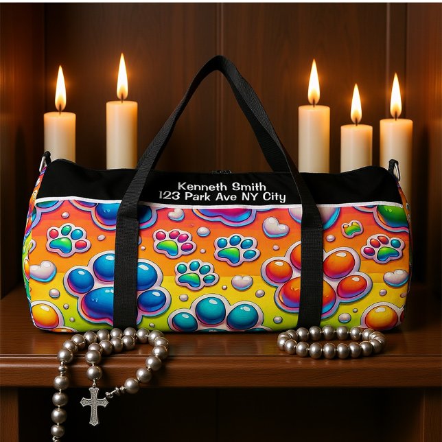 Bolso De Deporte Grande Bubble Paw Print Rainbow Travel Monogram Personal (Subido por el creador)