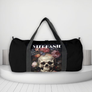 Bolso De Deporte Grande Calavera Gótica y Nombre Personalizado Flores