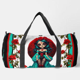 Bolso De Deporte Grande Calaveras de Azúcar con Rosas Turquesas y Rojas