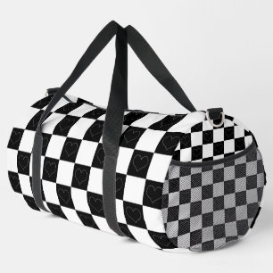 Bolso De Deporte Grande Corazones de tablero de ajedrez en blanco y negro