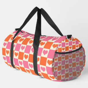 Bolso De Deporte Grande Corazones de tablero de ajedrez en rosa, Naranja y