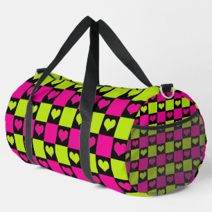 Bolso De Deporte Grande Corazones de tablero de ajedrez - Verde animado, r