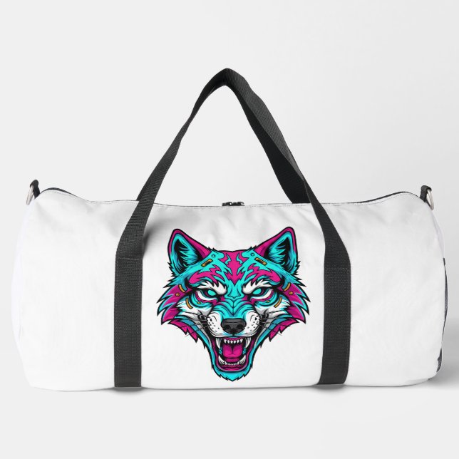 Bolso De Deporte Grande Cyberpunk Neon Wolf - Synthwave Robotic Animal (Anverso)