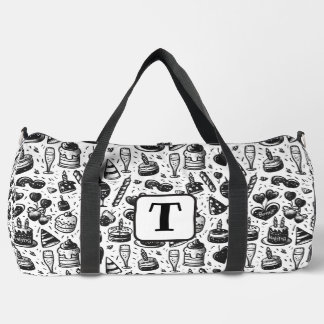 Bolso De Deporte Grande Doodle de torta de cumpleaños patrón blanco y negr