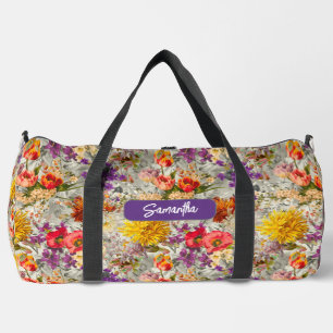 Bolso De Deporte Grande Elegante color púrpura floral gris estampado monog