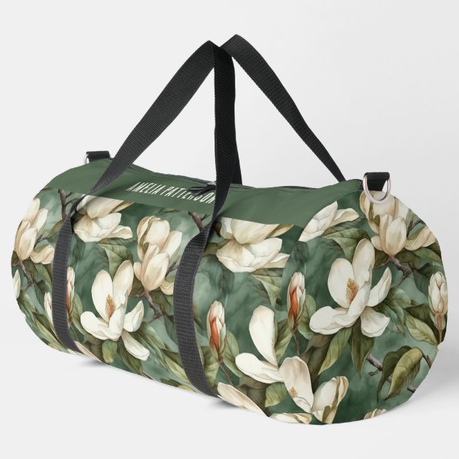 Bolso De Deporte Grande Elegante Magnolia Patrón floral Nombre personaliza (Esquina izquierda)
