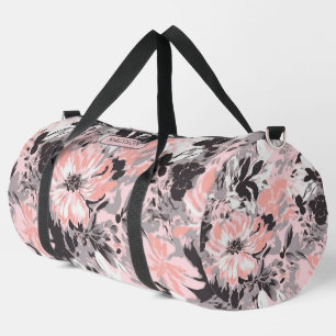 Bolso De Deporte Grande Elegante Patrón floral gris rosado Nombre personal