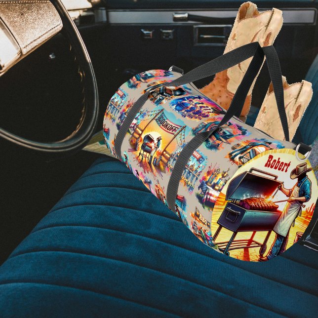 Bolso De Deporte Grande Escenas de Cocina de Cowboy Occidental BBQ 1 (Western Cowboy BBQ Cookoff 1 Duffle Bag)