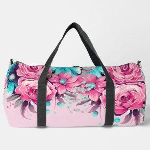 Bolso De Deporte Grande Florales Acuarela Rosa Pastel y Verde Turquesa Bon